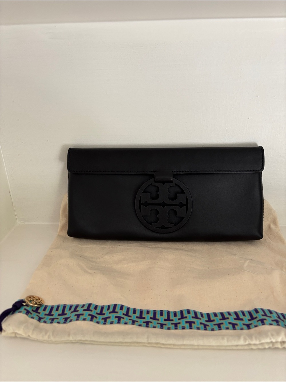 Tory Burch Black Leather Logo Envelope Clutch